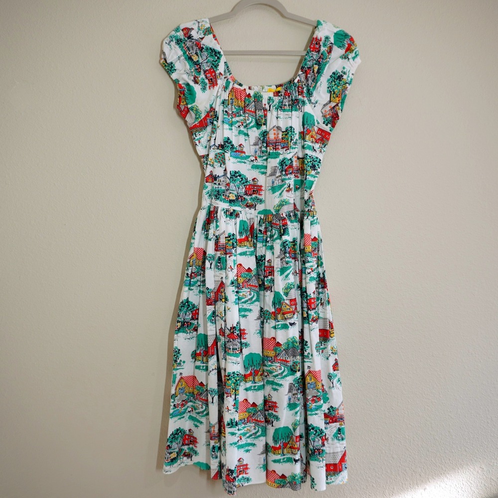 Bernie Dexter Size XL Midi Dress Multi Color Novelty Village Farm Print Vintage